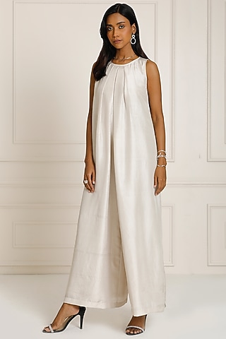 Silver Dupion Silk Embroidered Pleated Sleeveless Jumpsuit by Originate