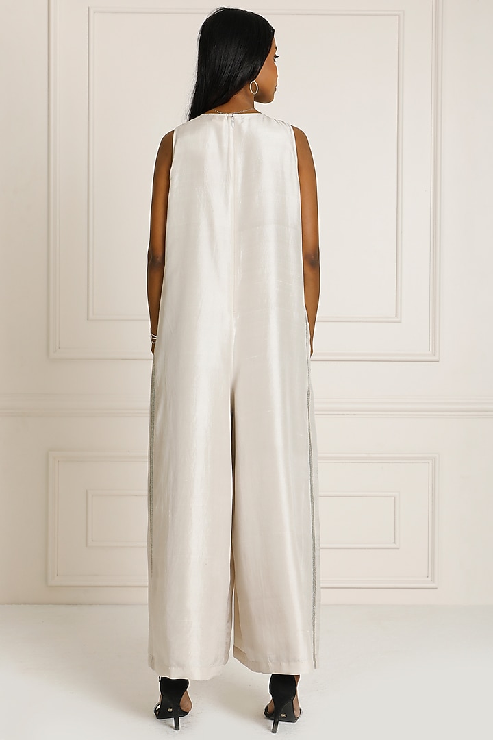 Silver Dupion Silk Embroidered Pleated Sleeveless Jumpsuit by Originate at Pernia's Pop Up Shop