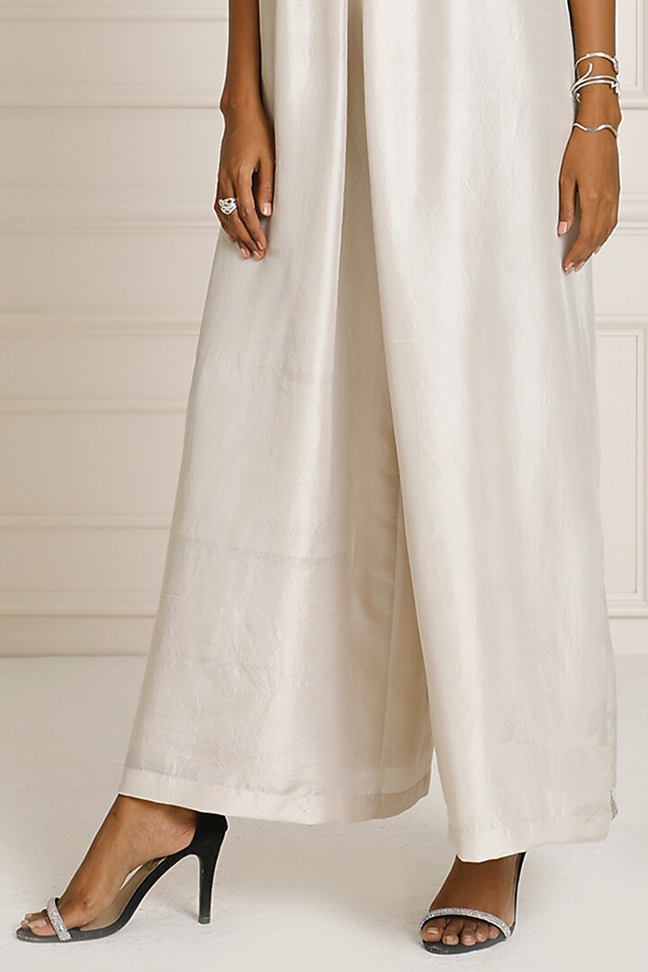 Silver Dupion Silk Embroidered Pleated Sleeveless Jumpsuit by Originate at Pernia's Pop Up Shop
