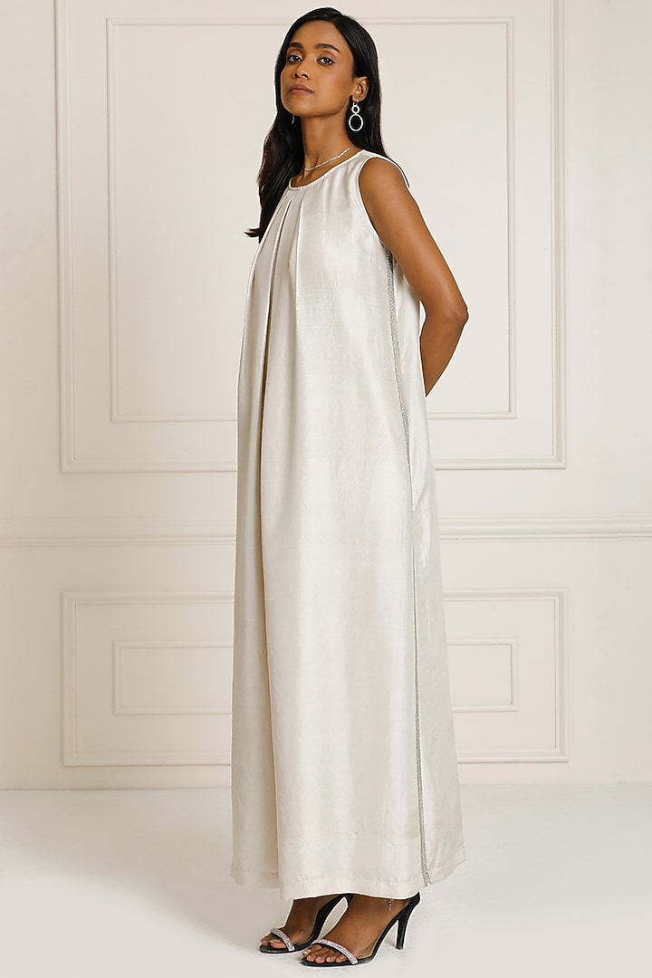 Silver Dupion Silk Embroidered Pleated Sleeveless Jumpsuit by Originate at Pernia's Pop Up Shop