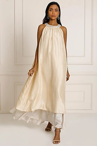 Gold & Silver Silk Dupion Hand Embroidered Layered Sleeveless Dress by Originate