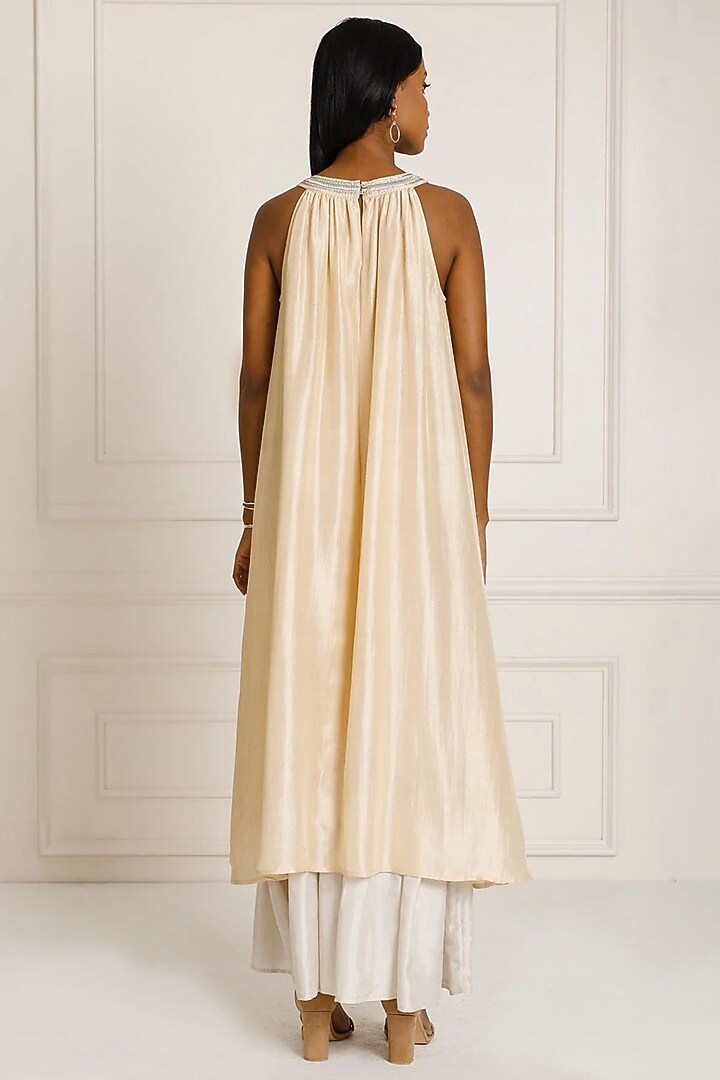 Gold & Silver Silk Dupion Hand Embroidered Layered Sleeveless Summer Dress by Originate at Pernia's Pop Up Shop
