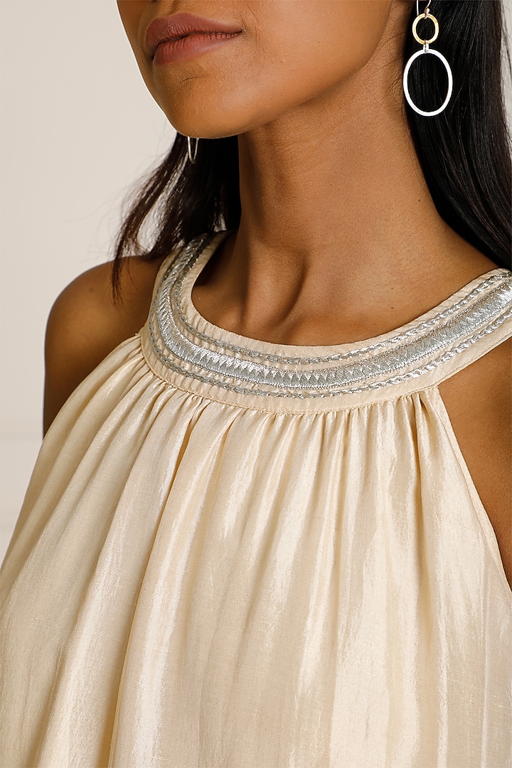 Gold & Silver Silk Dupion Hand Embroidered Layered Sleeveless Summer Dress by Originate at Pernia's Pop Up Shop