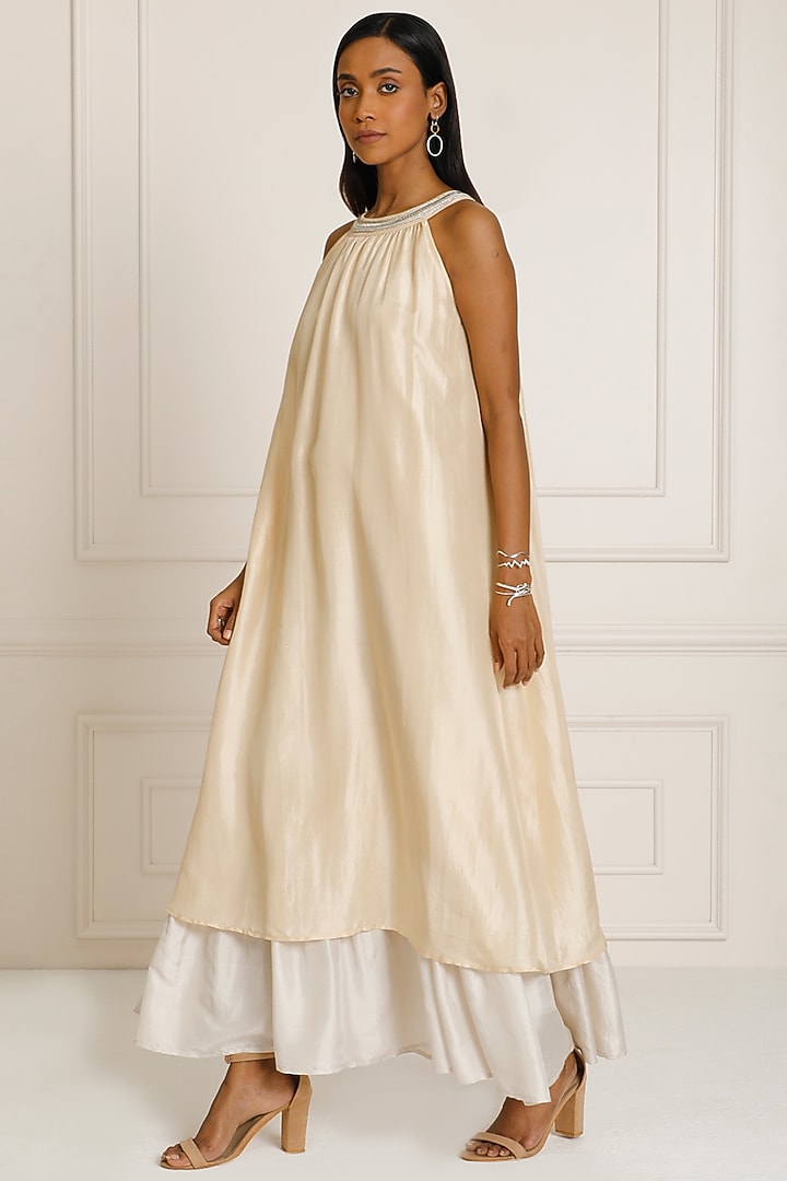 Gold & Silver Silk Dupion Hand Embroidered Layered Sleeveless Summer Dress by Originate at Pernia's Pop Up Shop