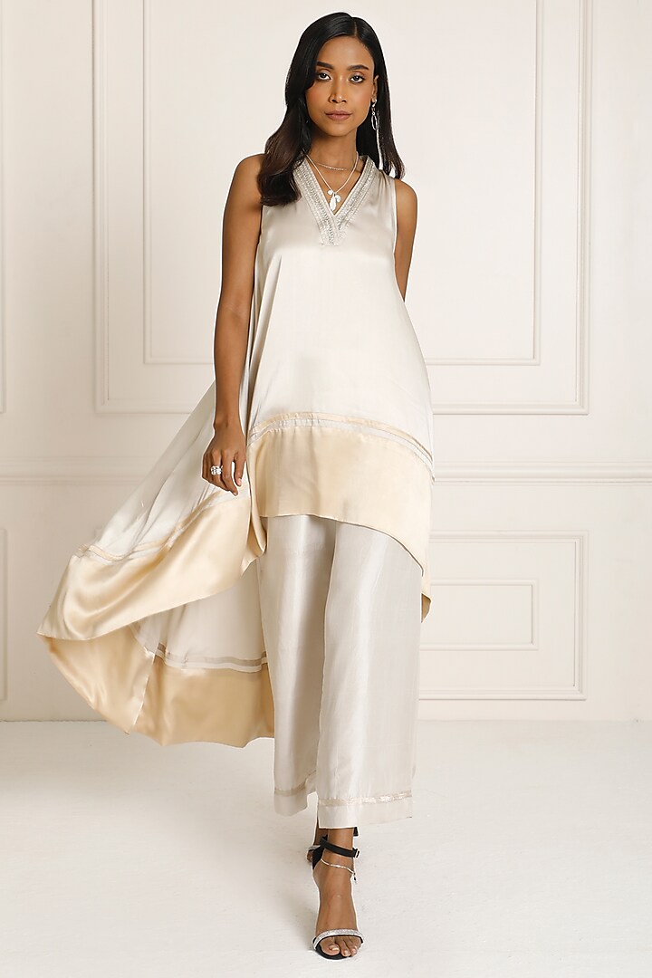 Silver & Gold Silk Satin Hand Embroidered High-Low Tunic by Originate