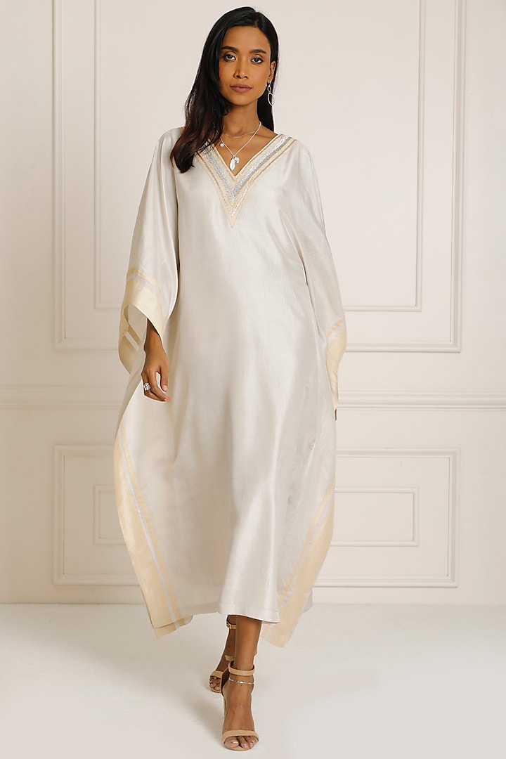 Silver & Gold Dupion Silk Embroidered Kaftan by Originate at Pernia's Pop Up Shop