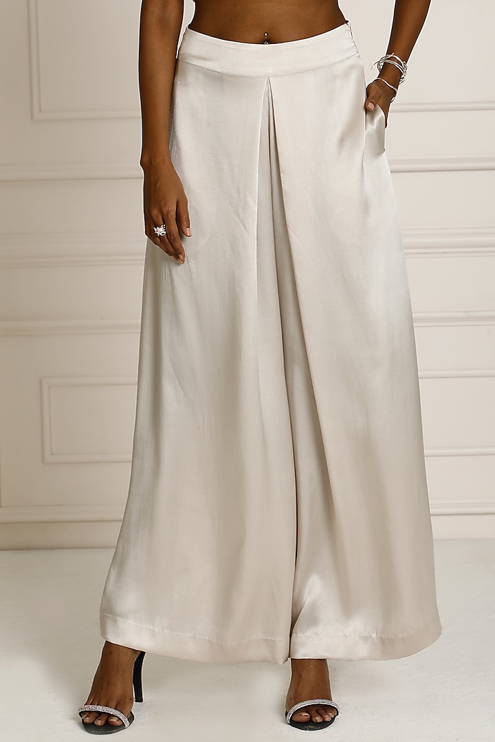 Silver Silk Satin Pleated Pants by Originate