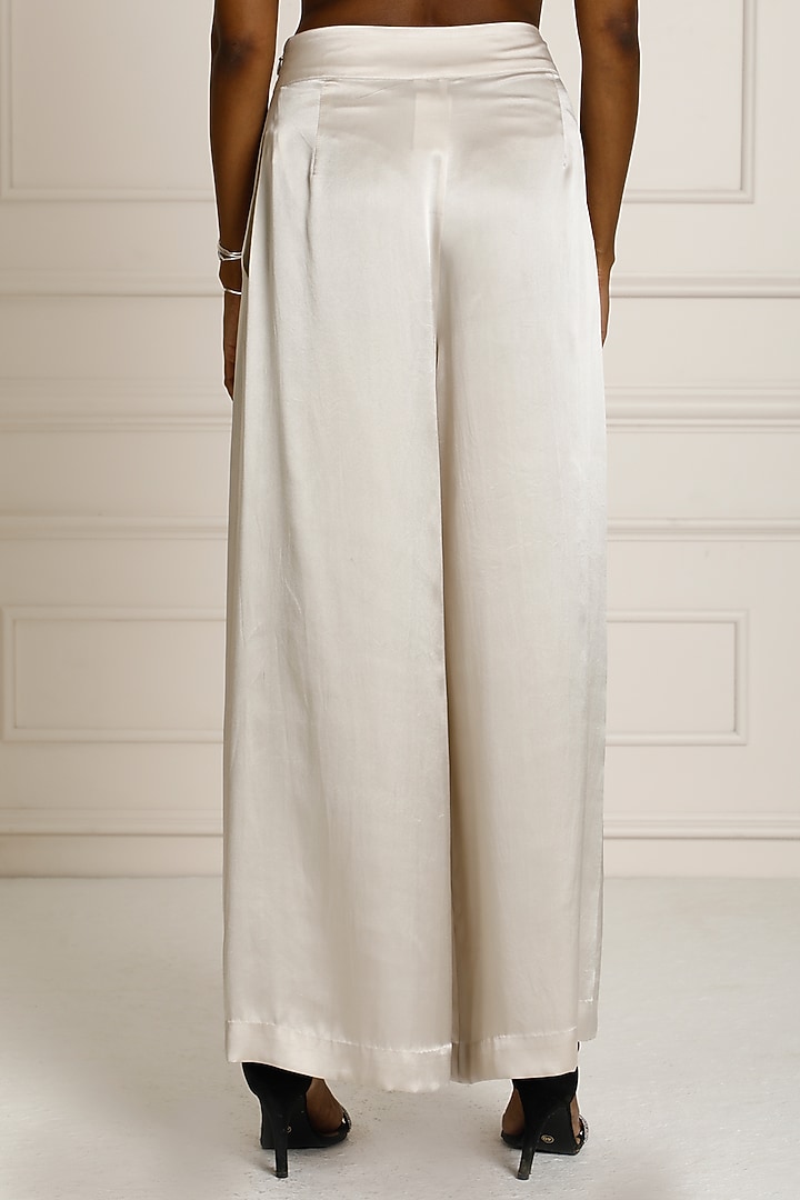 Silver Silk Satin Pleated Pants by Originate at Pernia's Pop Up Shop