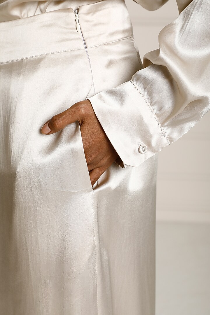 Silver Silk Satin Pleated Pants by Originate at Pernia's Pop Up Shop