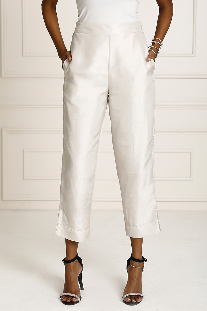 Silver Silk Dupion High-Waist Tapered Pants by Originate
