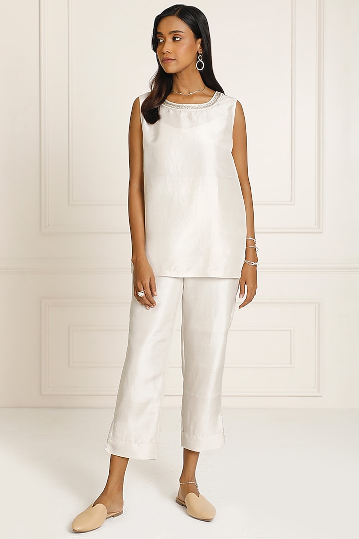 Silver Silk Dupion High-Waist Tapered Pants by Originate at Pernia's Pop Up Shop