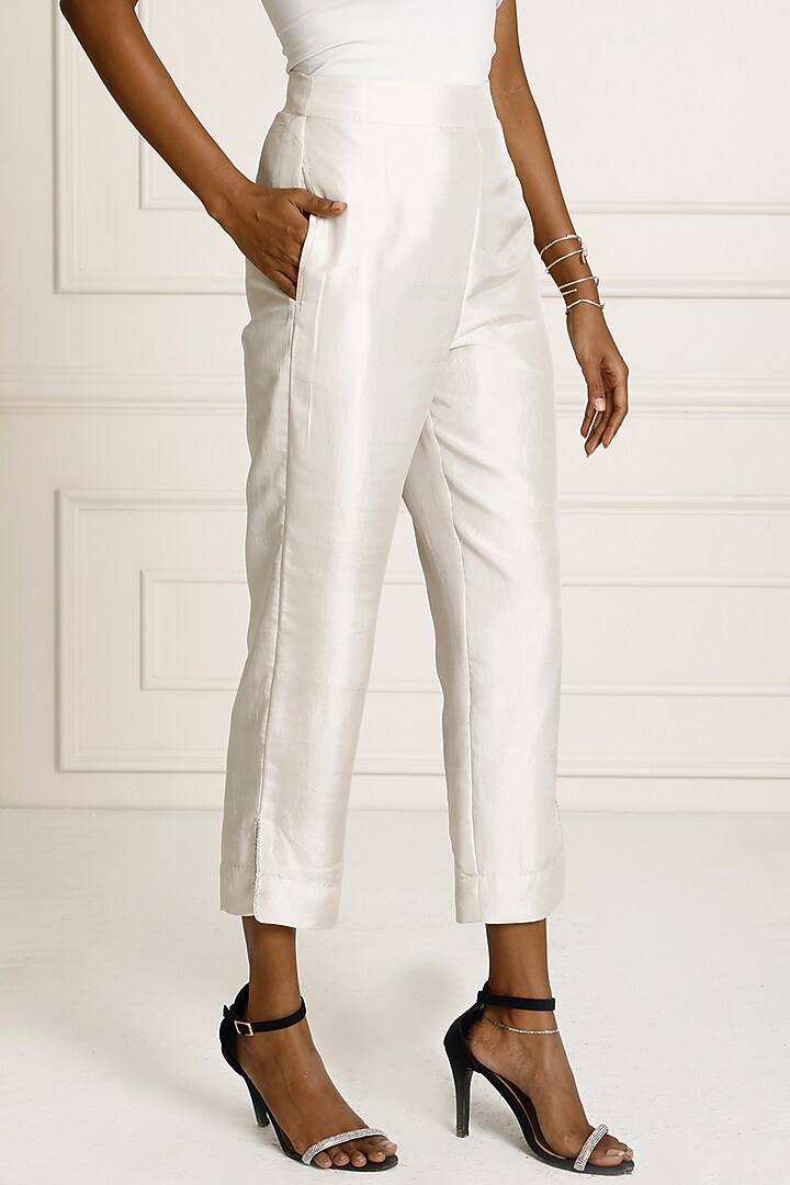 Silver Silk Dupion High-Waist Tapered Pants by Originate at Pernia's Pop Up Shop