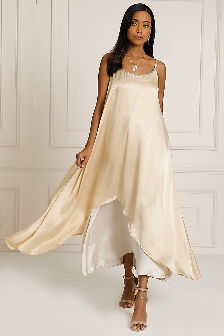 Gold & Silver Silk Satin Hand Embroidered Two-Tone Asymmetric Dress by Originate at Pernia's Pop Up Shop