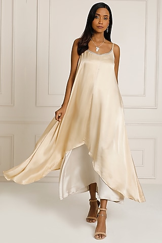Gold & Silver Silk Satin Hand Embroidered Two-Tone Asymmetric Dress by Originate