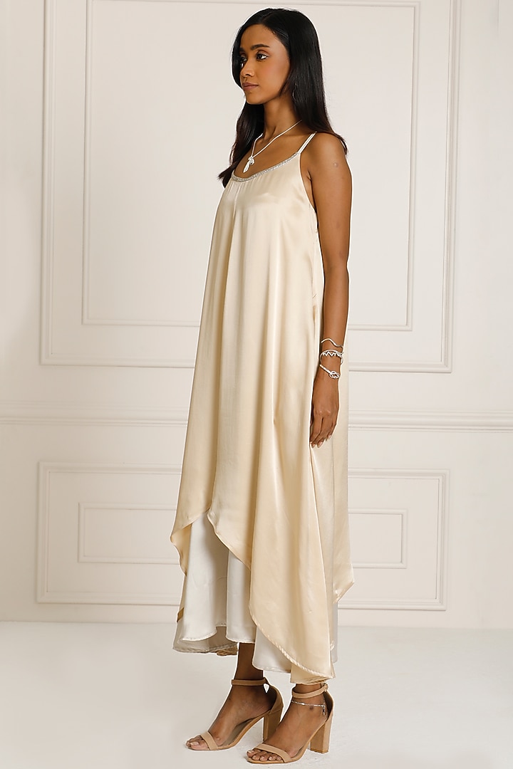 Gold & Silver Silk Satin Hand Embroidered Two-Tone Asymmetric Vacation Dress by Originate at Pernia's Pop Up Shop