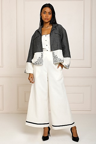 Charcoal & White Yarn Dyed Slub & Linen Hand Embroidered Boxy Jacket by Originate