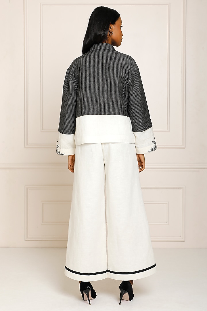 Charcoal & White Yarn Dyed Slub & Linen Hand Embroidered Boxy Jacket by Originate at Pernia's Pop Up Shop