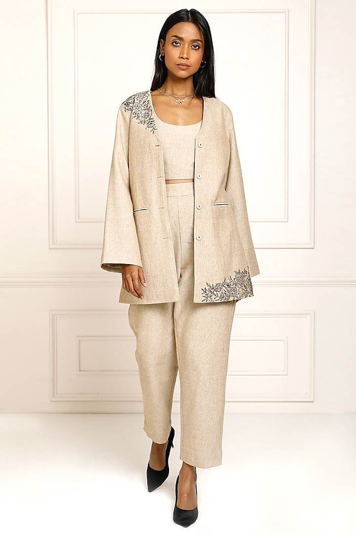 Sand Cotton Chambray Hand Embroidered Blazer by Originate at Pernia's Pop Up Shop