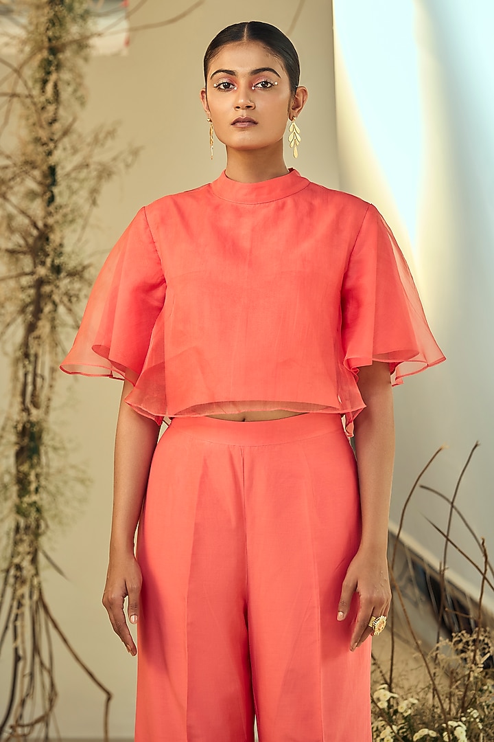 Coral Cotton Silk & Silk Organza Co-Ord Set by ORIGANI at Pernia's Pop Up Shop