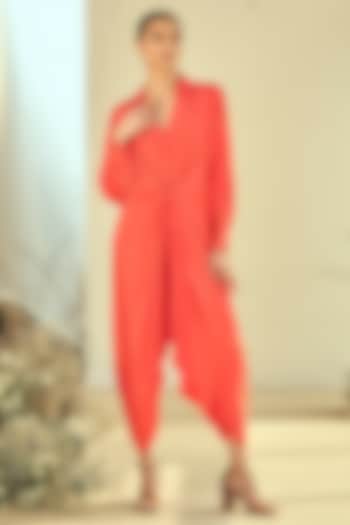 Coral Orange Fibre Crepe Dhoti Style Jumpsuit by ORIGANI