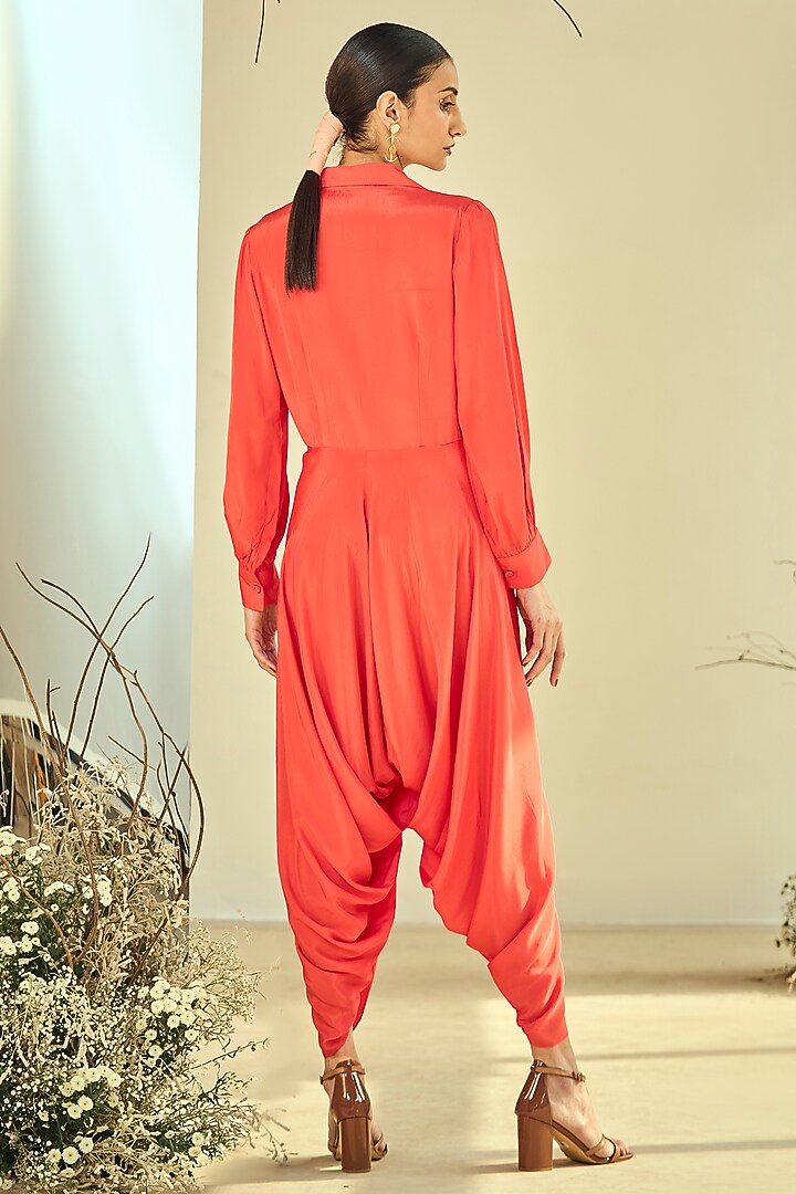 Coral Orange Fibre Crepe Dhoti Style Jumpsuit by ORIGANI at Pernia's Pop Up Shop