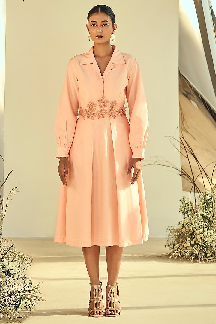 Peach Cotton Silk Applique Work Midi Shirt Dress by ORIGANI