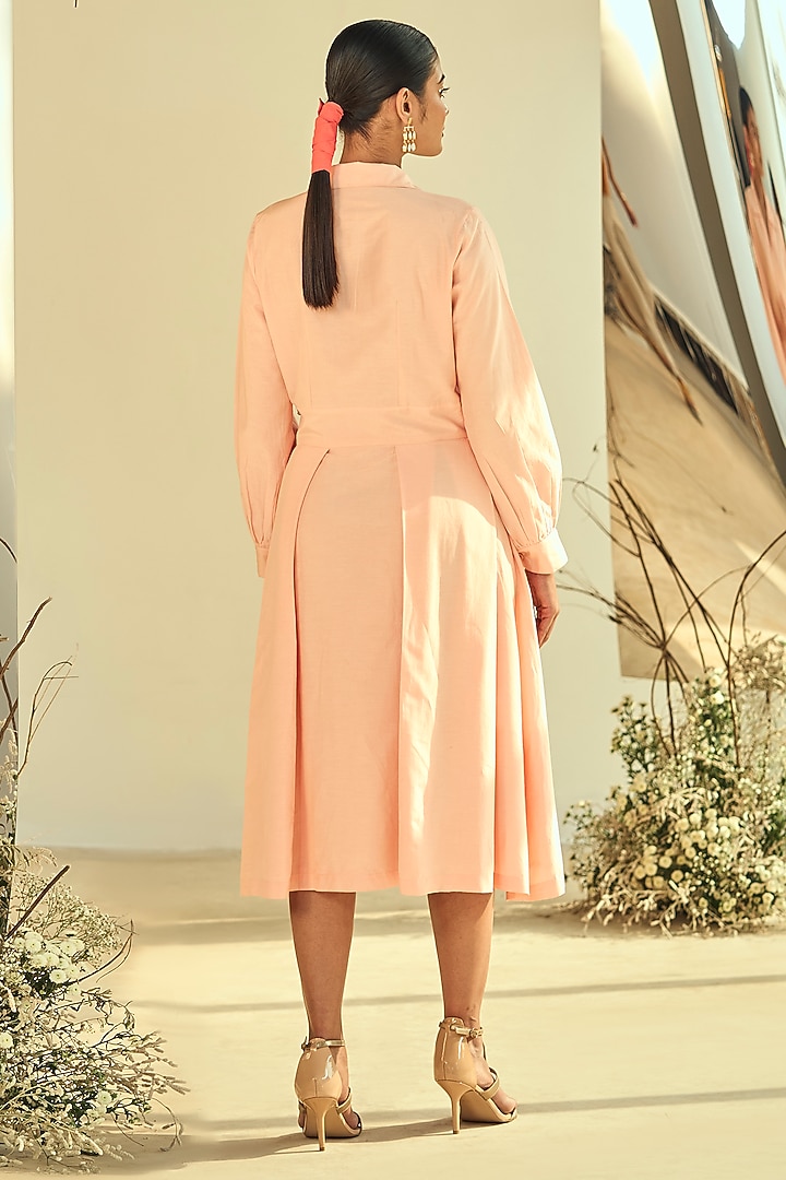 Peach Cotton Silk Applique Work Midi Summer Shirt Dress by ORIGANI at Pernia's Pop Up Shop