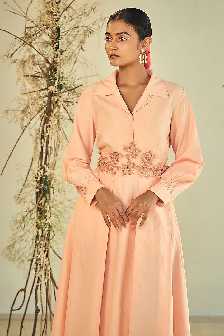 Peach Cotton Silk Applique Work Midi Summer Shirt Dress by ORIGANI at Pernia's Pop Up Shop