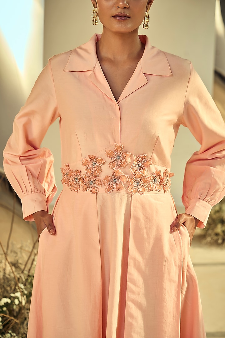 Peach Cotton Silk Applique Work Midi Summer Shirt Dress by ORIGANI at Pernia's Pop Up Shop