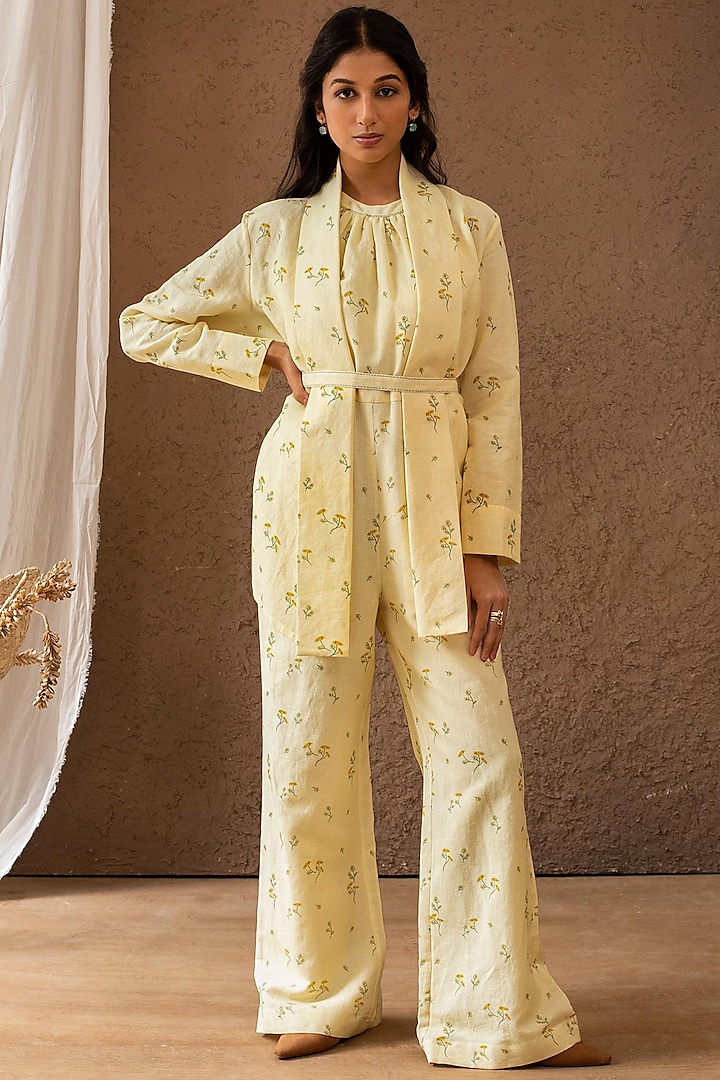 Yellow Floral Printed Jumpsuit by Originate