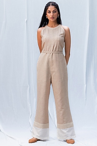 Beige & White Blended Linen Jumpsuit by Originate
