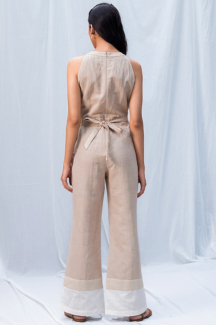 Beige & White Blended Linen Jumpsuit by Originate at Pernia's Pop Up Shop