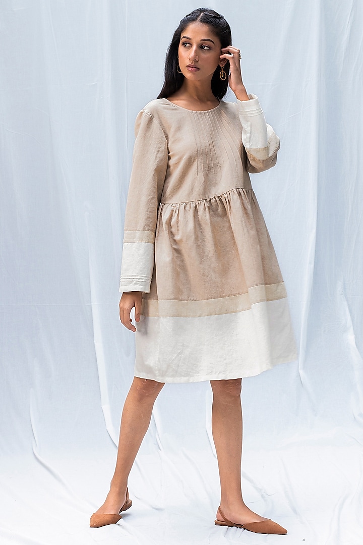 Beige & White Blended Linen Dress by Originate at Pernia's Pop Up Shop