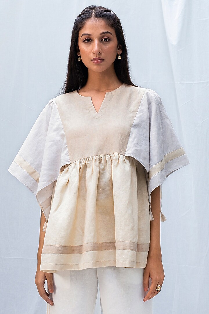 Beige & Grey Blended Linen Top by Originate at Pernia's Pop Up Shop