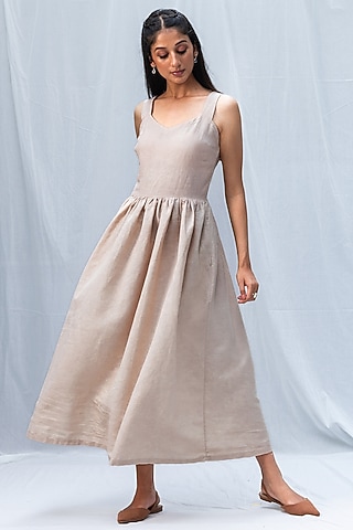 Beige Blended Linen Dress by Originate