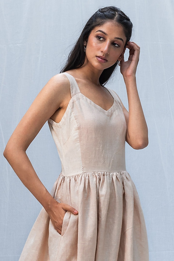 Beige Blended Linen Summer Dress by Originate at Pernia's Pop Up Shop