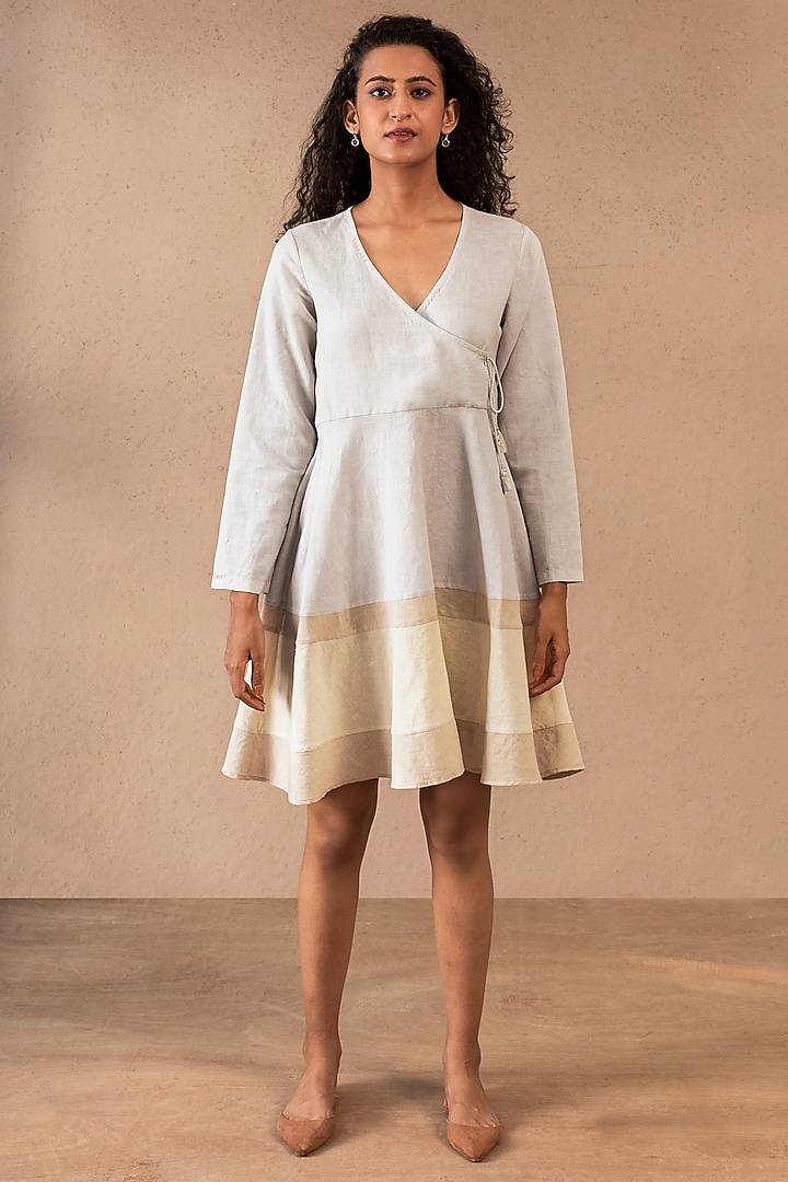 Beige & Grey Blended Linen Summer Dress by Originate at Pernia's Pop Up Shop