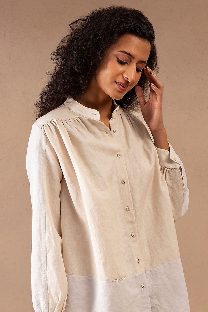 Beige & Grey Blended Linen Shirt by Originate