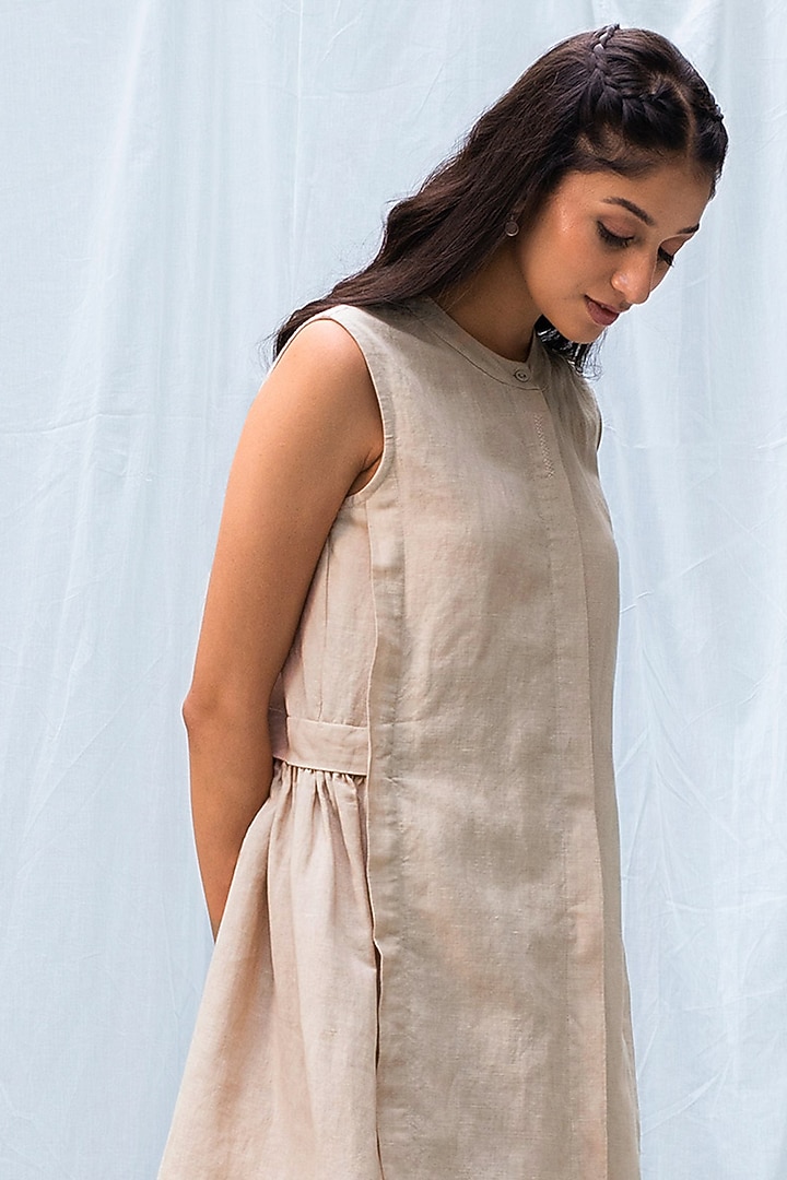 Beige Blended Linen Summer Dress by Originate at Pernia's Pop Up Shop