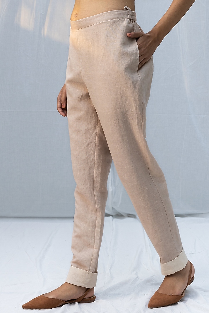 Beige Blended Linen Pants by Originate at Pernia's Pop Up Shop