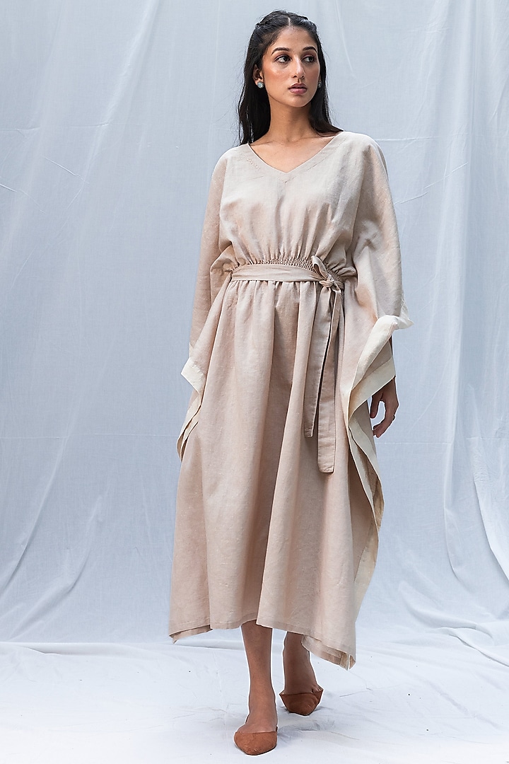 Beige Blended Linen Kaftan Dress by Originate
