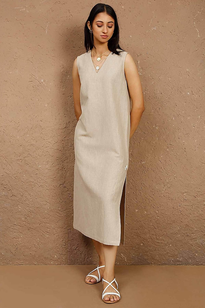 Beige Grey Cotton Linen Dress by Originate