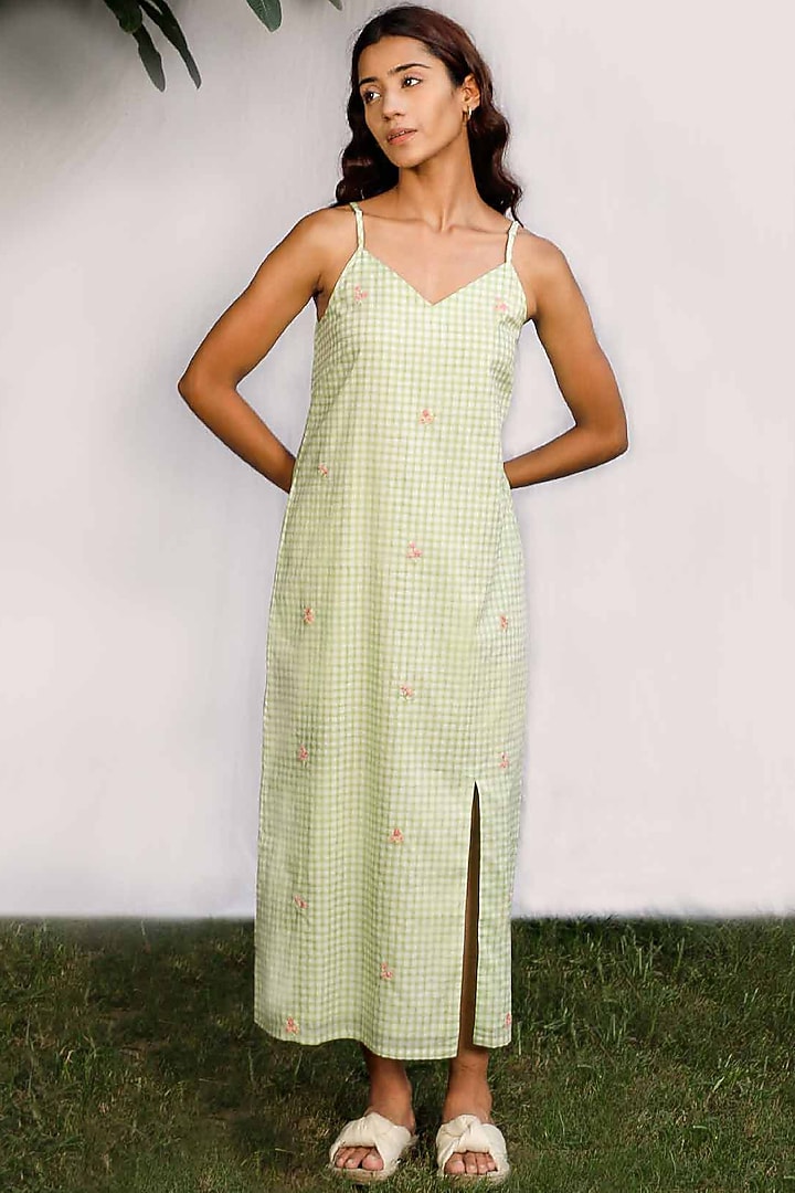 Green Hand Embroidered Slip Summer Dress by Originate at Pernia's Pop Up Shop