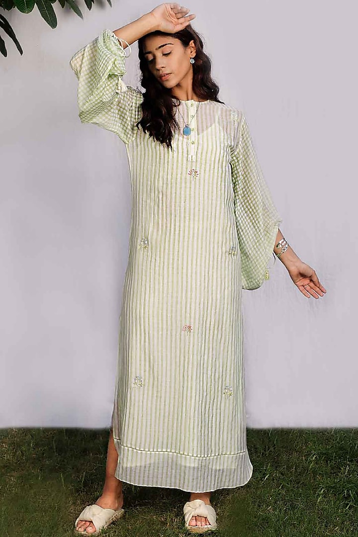 Green Hand Embroidered Dress by Originate