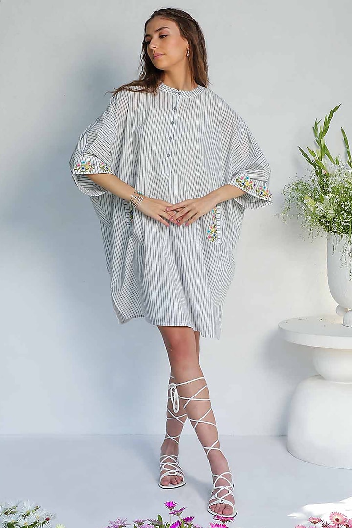 White & Blue Khadi Cotton Tunic by Originate at Pernia's Pop Up Shop