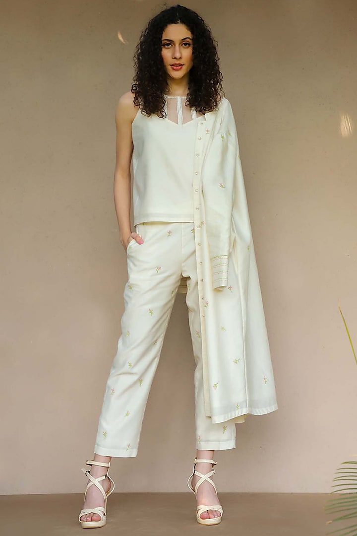 Ivory Embroidered Pants by Originate