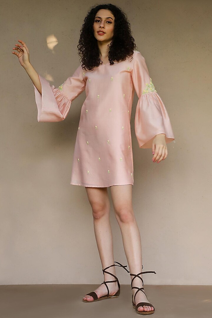 Pink Embroidered Ruffled Dress by Originate