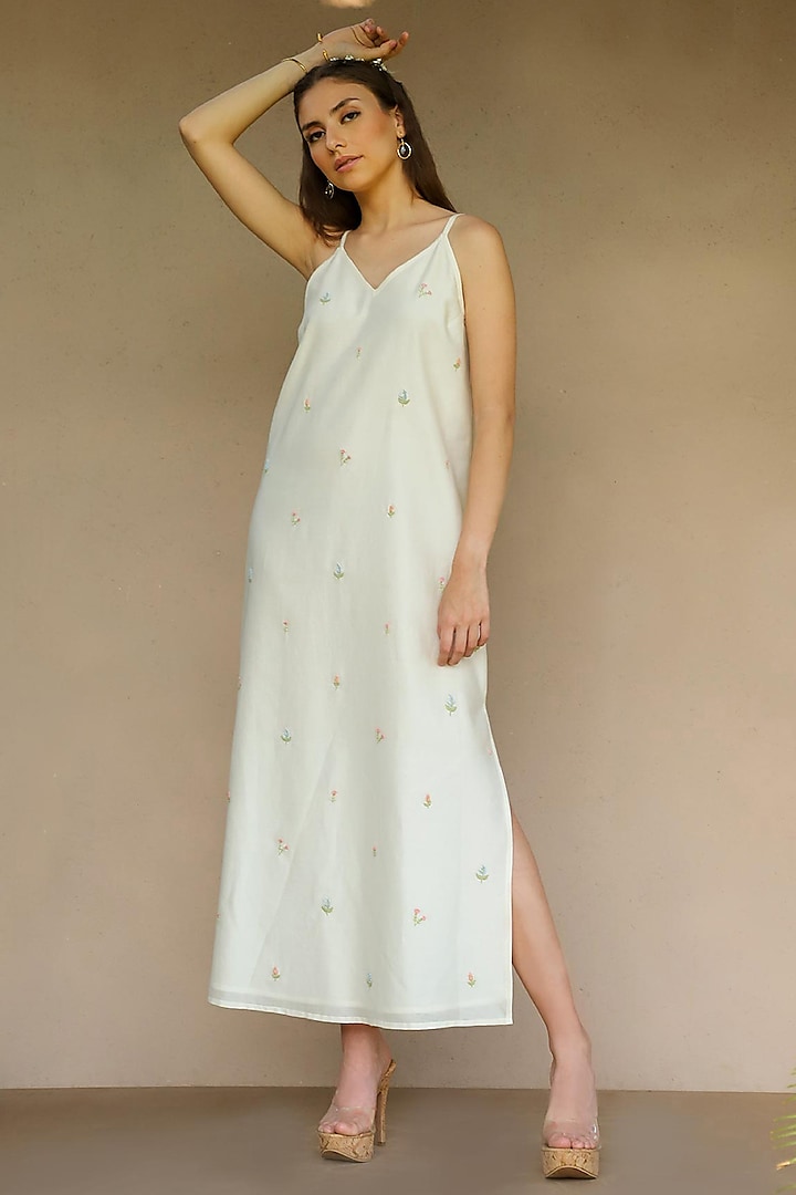 Off-White Hand Embroidered Dress by Originate