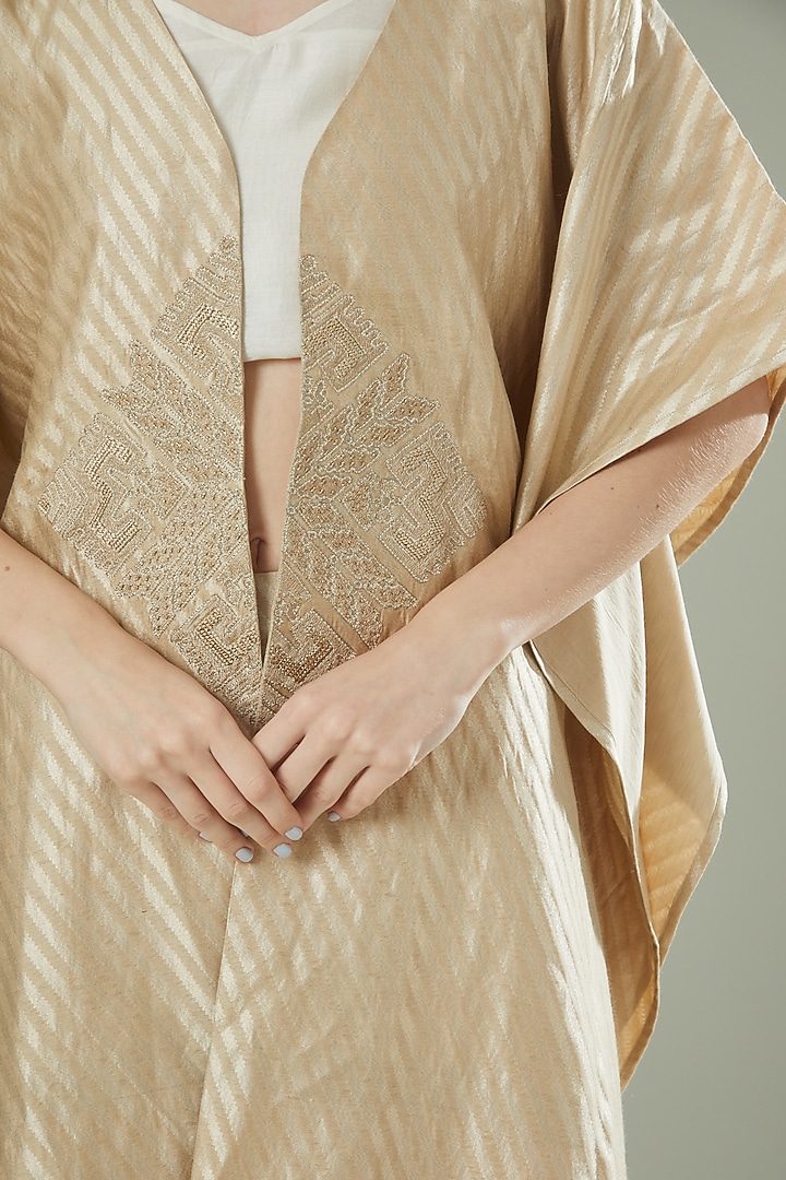 Beige Striped Silk Brocade Overlay by Originate at Pernia's Pop Up Shop