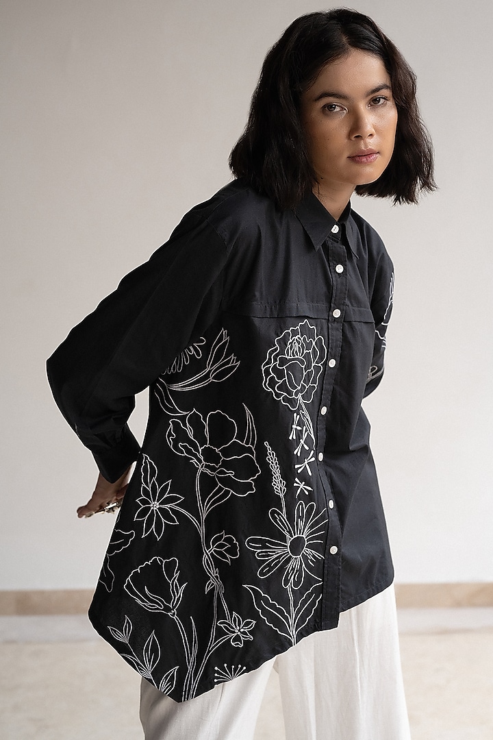 Black Cotton Floral Embroidered Asymmetrical Oversized Shirt by ORIGANI